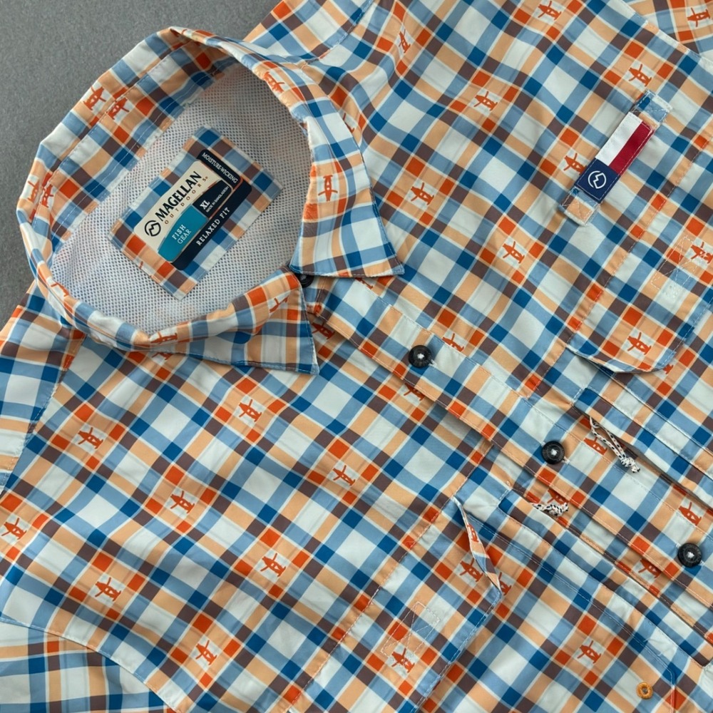 Magellan Outdoors HLSR Fish Gear Shirt Mens XL Blue Orange Plaid Rodeo Mascot